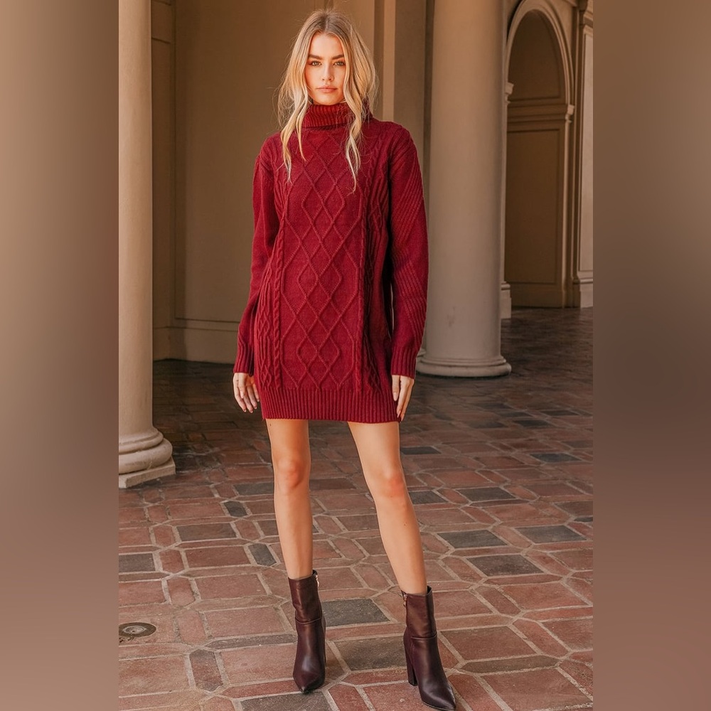 Lulus Cuddle Up Close Burgundy Cable Knit Turtleneck Sweater Dress